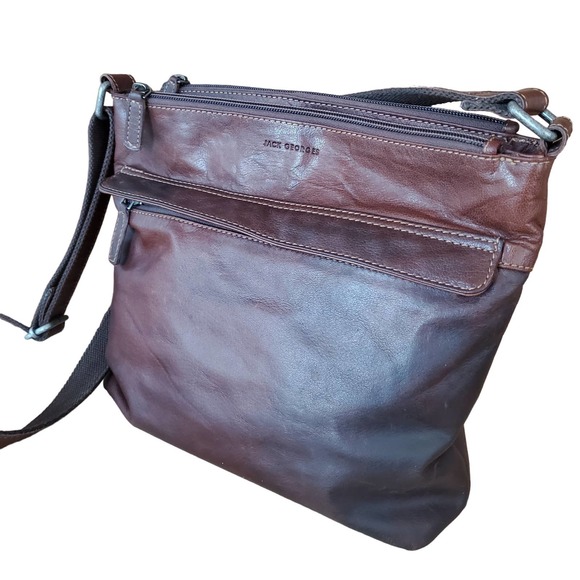 Jack Georges Voyager Zipper Leather Hobo Crossbody #7832 Square Med Bag Brown - Picture 3 of 13